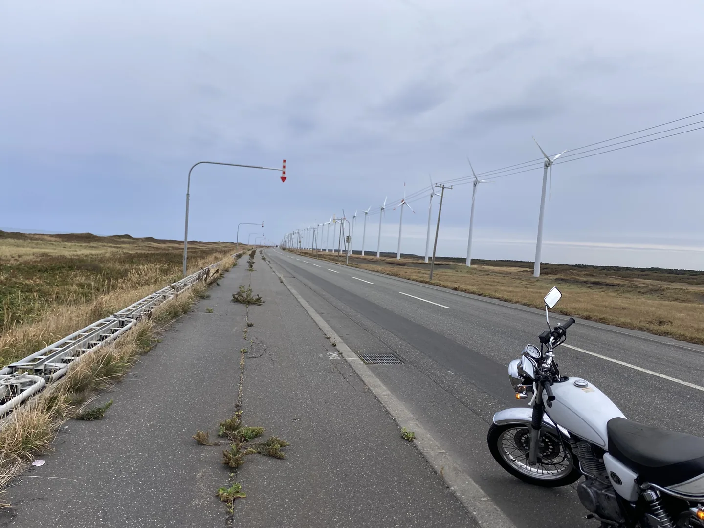 オロロンラインの直線道路。道沿いに風力発電の風車が並ぶ